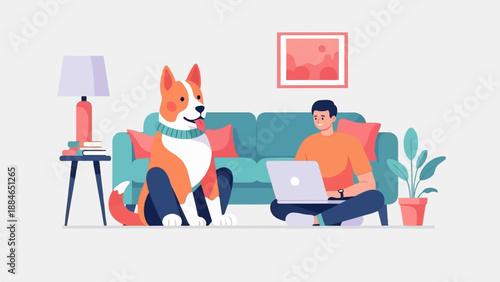 A person works on a laptop next to a dog on the floor in a living room