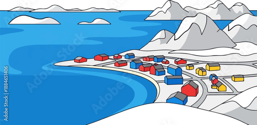 A picturesque arctic coastal village with colorful buildings and snowy mountains