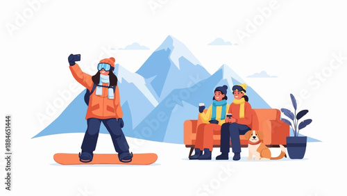 A snowboarder takes a selfie, while two friends relax with drinks on a couch with a dog