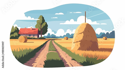 A picturesque farm scene with a rustic house, hay bales, and a winding dirt path under a blue sky