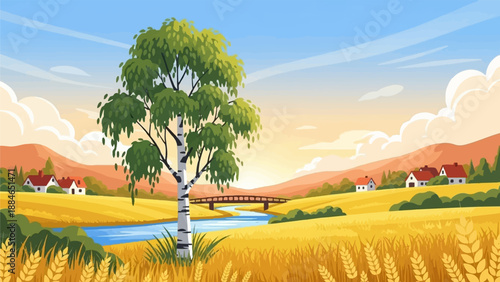 A picturesque countryside landscape with golden fields, a river, and a birch tree