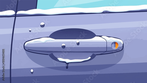 A snow-covered car door handle with melting droplets and a hint of orange