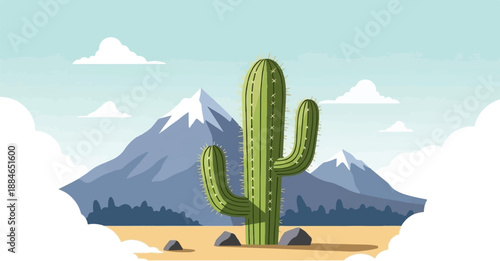 A solitary Saguaro cactus stands tall against snow-capped mountains in a pixelated desert landscape