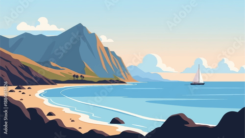 A solitary sailboat drifts on a calm sea beside a rugged coastline with mountains