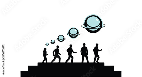 Business people walking up stairs with thought bubbles planets success career growth motivation
