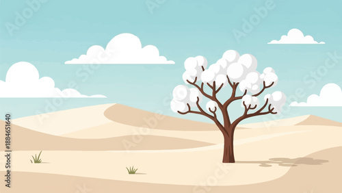 A solitary tree with fluffy white blossoms stands against desert dunes