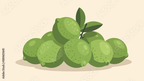 A pile of bright green limes with a few leaves on a light background