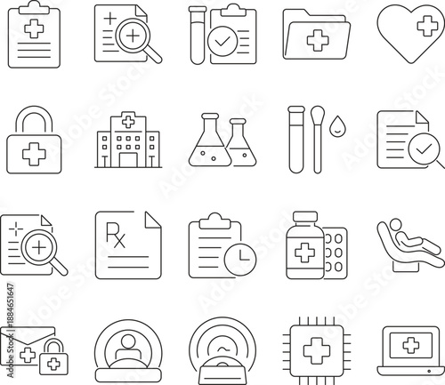 Minimalist thin line medical report icon set with editable stroke, featuring records, diagnosis, test results, lab analysis, prescriptions, secure digital healthcare and hospital documentation icons.
