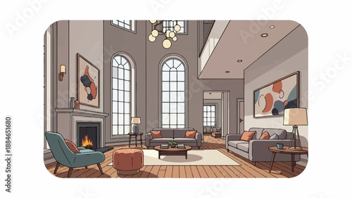 A spacious, tall living room with a fireplace, two sofas, and large windows