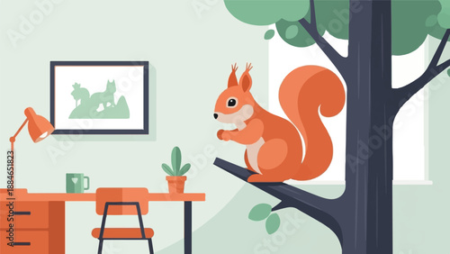 A squirrel sits on a tree branch by a desk with a lamp, chair, and potted plant