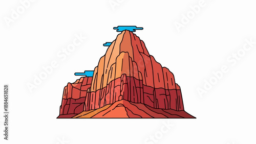 A stylized red rock mountain with blue clouds