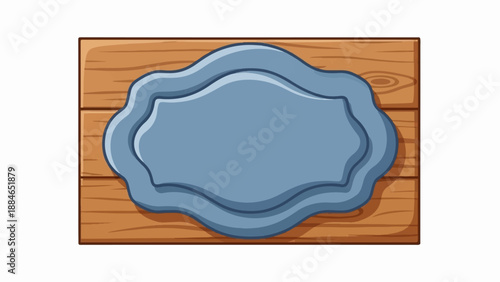 A stylized, rustic wooden sign with a wavy, blue plaque attached