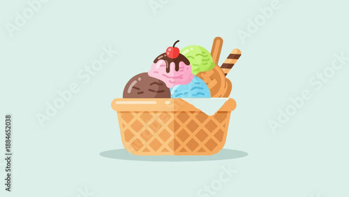 A waffle cone basket filled with colorful ice cream scoops and a cherry