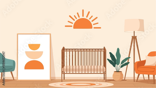 A warm, minimalist nursery with a crib, abstract art, and cozy seating
