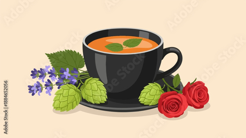 A warm mug of orange soup with herbs, hops, lavender, and roses
