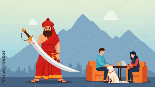 A warrior with a sword stands before a modern scene of people working