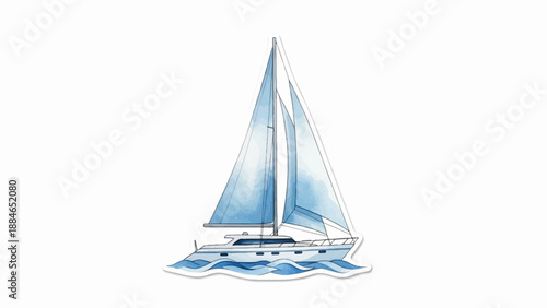 A watercolor-style illustration of a white sailboat with blue sails on wavy blue water