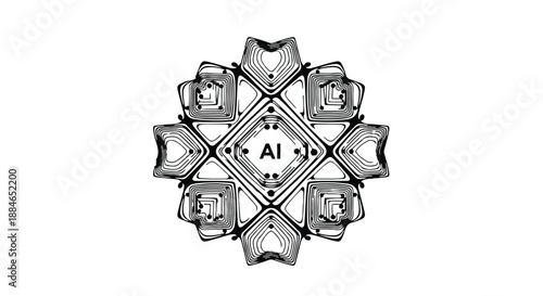 Artificial intelligence robotic futuristic gear mechanism with AI logo in center, symbolizing innovation and technology advancement in industrial automation and machine learning