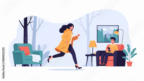 A woman in a yellow coat runs past a man on a phone in a cozy living room