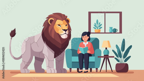 A woman reads a book while a large lion stands beside her in a room