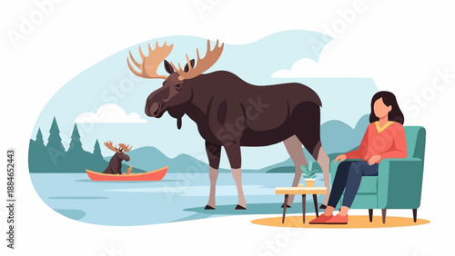A woman relaxes indoors while a large moose stands nearby; another moose paddles a canoe