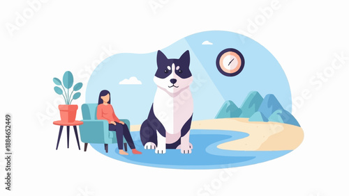 A woman relaxes indoors next to a large husky dog, with a scenic view of mountains