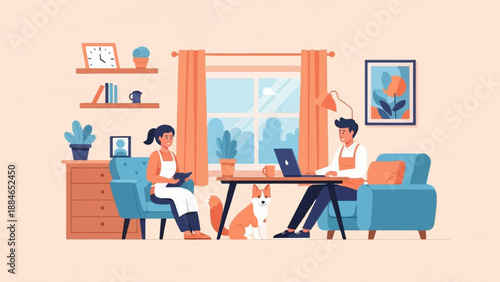 A woman reads while a man works on a laptop, with a dog nearby