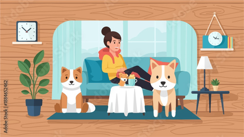 A woman relaxes on a couch with her two corgi dogs and snacks in a cozy room