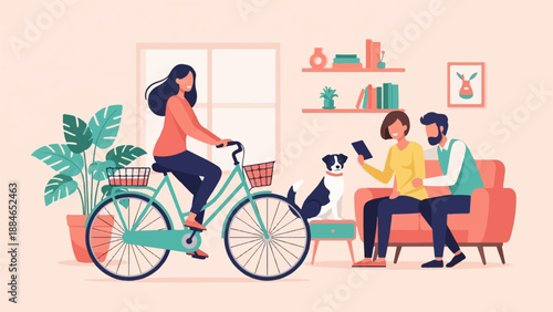 A woman rides a bicycle indoors as a couple and dog relax on a sofa