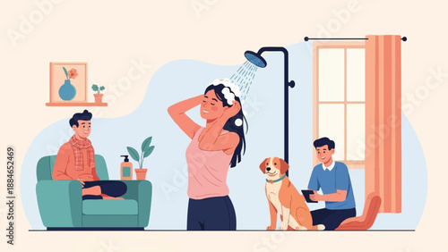 A woman showers while a man relaxes and another man plays with a dog
