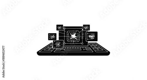Computer motherboard internal components illustration with CPU and circuit board for technology and hardware concept in modern technical documentation