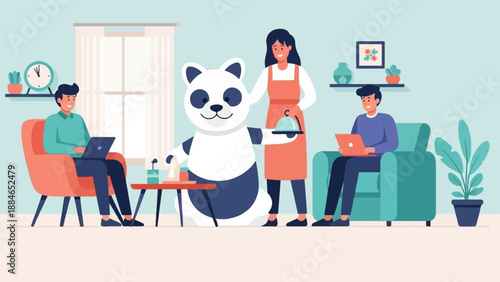 A woman serves a panda and two men working on laptops in a living room