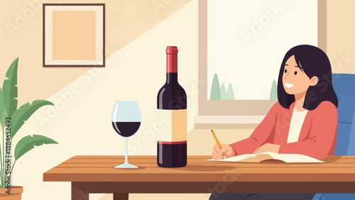 A woman sits at a desk, writing in a book next to a bottle of wine