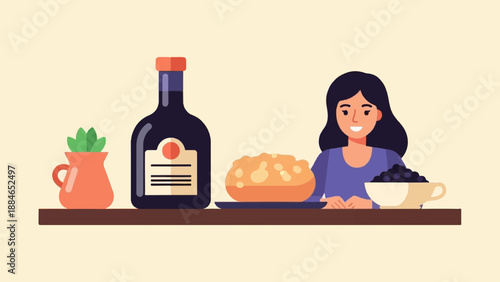 A woman sits beside a bottle and food items on a shelf