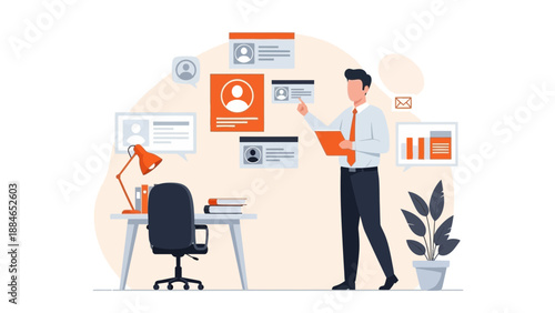 Man Recruting Staff Online, HR Management, Candidate Selection, Job Search