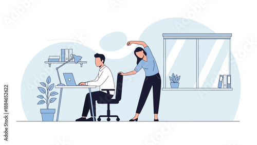 Office worker stretching at desk, colleague assisting with exercise