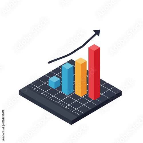 Isometric Financial Bar Chart Increasing with Arrow Growth Graphic