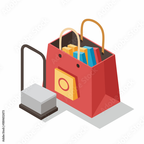 Isometric Style Shopping Bag Filled With Presents and Platform Trolley Illustration