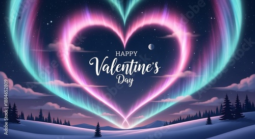 Stunning aurora borealis vividly forms a gigantic glowing heart shape above a snowy winter landscape at night