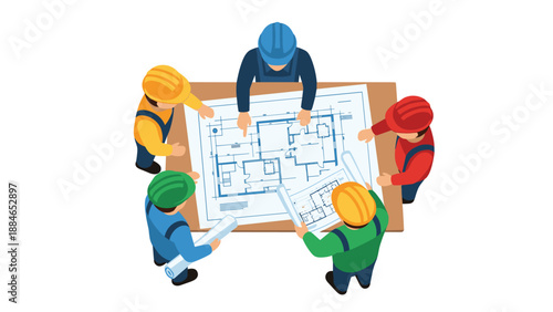 Diverse group of construction workers and supervisors in colorful hard hats and workwear actively engaged in reviewing detailed blueprints and project plans.