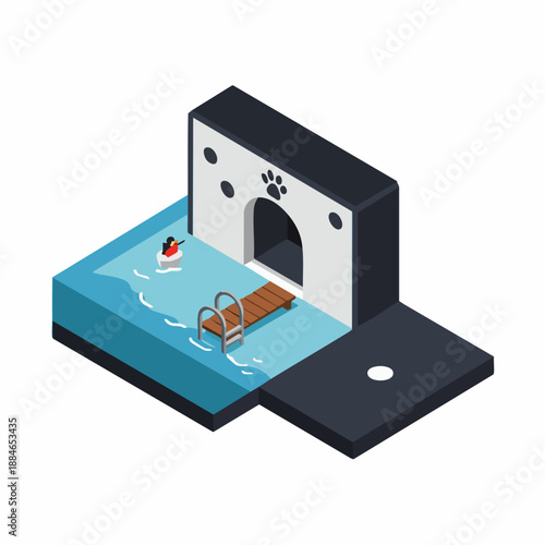Isometric Low Poly Pet Hotel with Pool and Diving Board Illustration