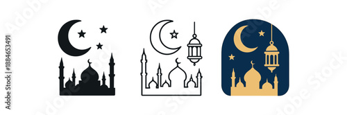 ramadan night three skyline with mosque and hanging lantern deep blue and gold