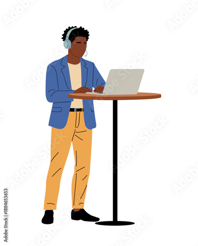 Flat minimalist illustration of a person working remotely at a standing desk with laptop, wearing business casual attire and headphones on transparent background.