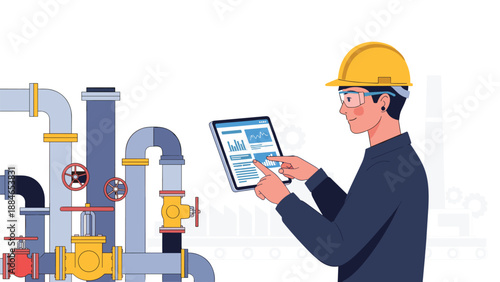Skilled engineer in a hard hat and safety glasses meticulously monitoring complex industrial piping systems and valves using a digital tablet for control.