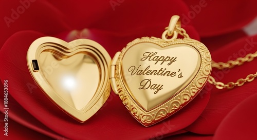 Exquisite open gold heart locket featuring engraved calligraphy wishing happy valentine's day rests upon soft red fabric.