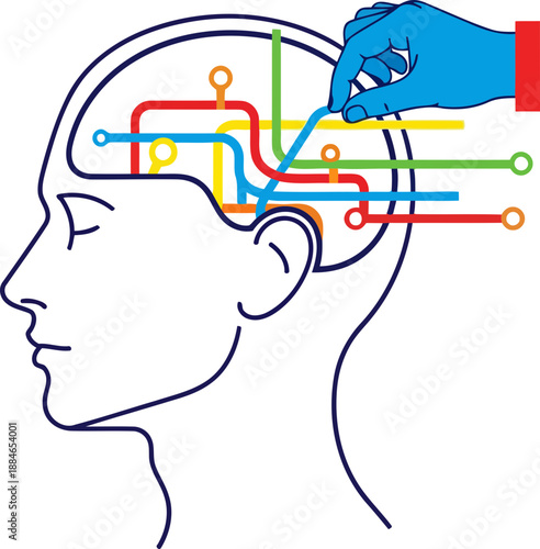 Hand rearranging internal brain connections symbolizing mental healing.