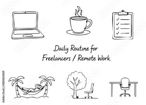 Remote Work Daily Routine Doodle Icons Set