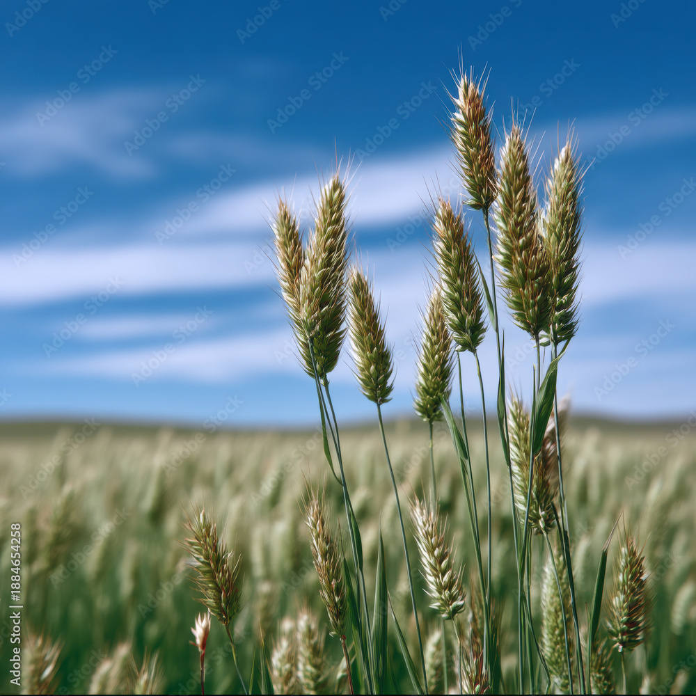 Fototapeta premium Wheat weed field sky nature agriculture rural landscape green blue peaceful wheat and weed growing together rural field blue sky evoking peaceful