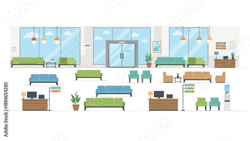 Modular collection of modern minimalist waiting room furniture and essential elements, including stylish sofas, comfortable chairs, and functional reception desks.