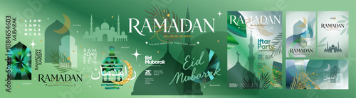 Ramadan Kareem and Eid Mubarak. Vector abstract modern illustrations of a mosque silhouette, window, arch, crescent moon, and lantern for icons, greeting card, iftar invitation, and poster